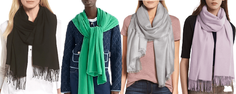 collage of women wearing office pashminas or travel wraps in black, green, gray and lavender