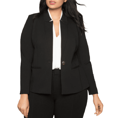 black pants suit for women available up to size 32, from Eloquii