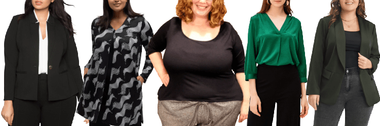 collage of women wearing plus-size work clothes in size 5X and beyond