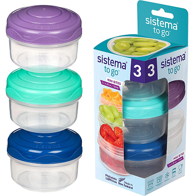 very small food storage containers with twist locks; there are 3 stacked on top of each other next to a box with packaging