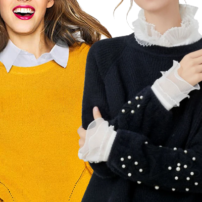 2 women wear fake collars, aka dickies, beneath sweaters for a layered work outfit