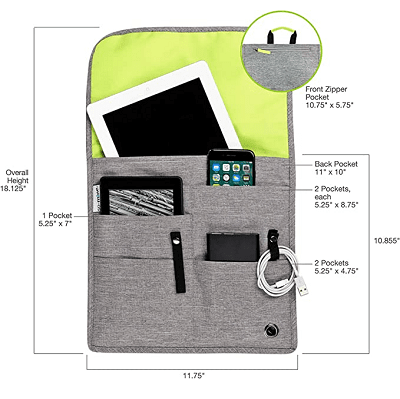 Gray flat bag with many pockets (and yellow lining on the top flap) that allows you to collect different devices