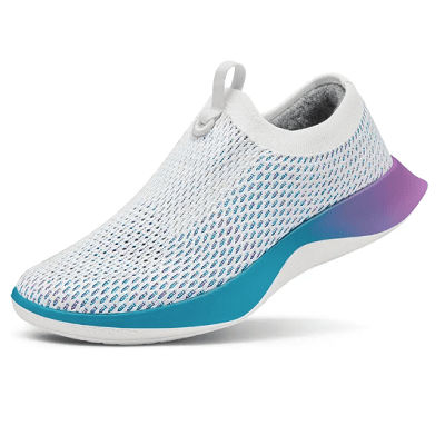 slip-on sneakers have mesh upper and teal-purple gradient bottom