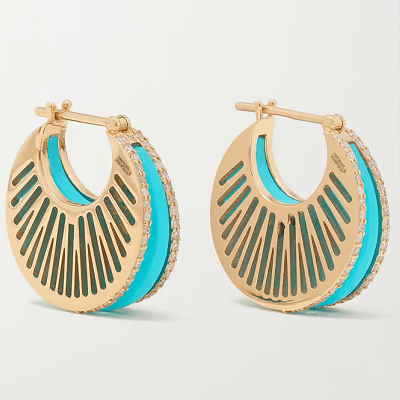 gold earings with diamond and turquoise accents