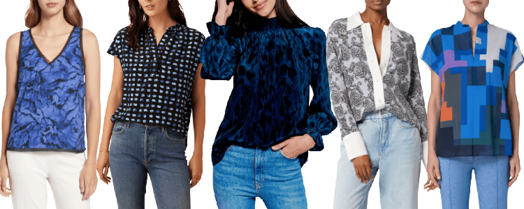 collage of 5 women wearing beautifully printed blouses