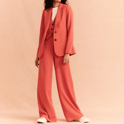 coral pants suit made with a fluid, drapey fabric