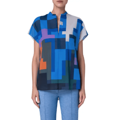 blouse in pretty print from AKris, pixelated colorblocked option with short sleeves and zippered neck