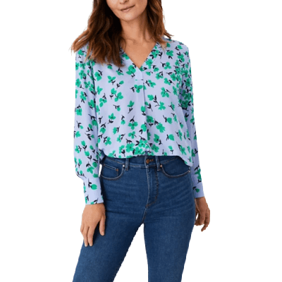 blouse in pretty print from Ann Taylor, popover blouse with bluish lavender with green details