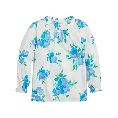 White top with blue-green floral print