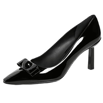 black patent pumps with a bow detail and a skinny block architectural heel