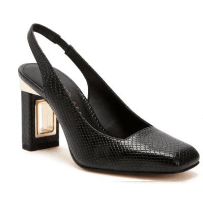 block-heel slingback with a hollow heel (a window cut into the heel, framed by a gold detail)