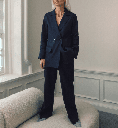 navy blue linen suit with belted double breasted blazer