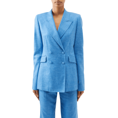 light blue linen suit with a double-breasted blazer