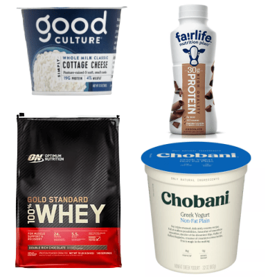 collage of 3 ways Kat gets more protein into her diet: cottage cheese, whey protein, Fairlife shakes, and Greek yogurt