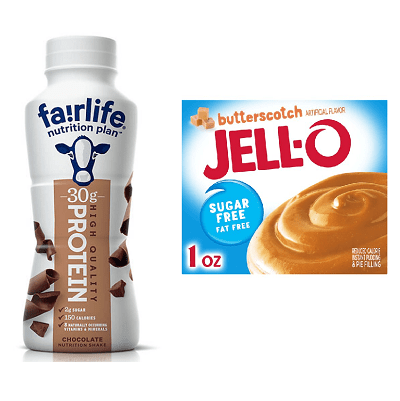 collage of Fairlife protein shake with Jell-O sugar free instant pudding mix