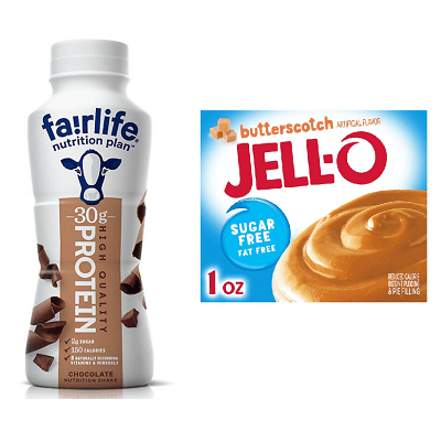 Fairlife protein shake collage and Jell-O sugar-free instant pudding mix