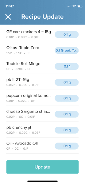 screenshot from macro-tracking app MM+ showing how to do a recipe for frequently-eaten foods (page 2)