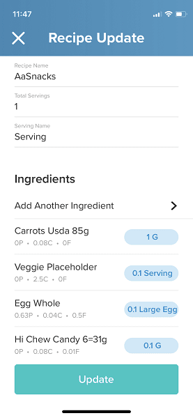 screenshot from macro-tracking app MM+ showing how to do a recipe for frequently-eaten foods
