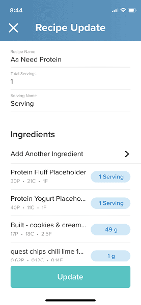 screenshot from macro-tracking app MM+ showing how to do a recipe (page 1)