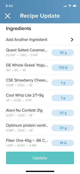 screenshot from macro-tracking app MM+ showing how to do a recipe for something you eat all the time but vary the ingredients