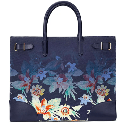 navy tote bag with disappearing floral print