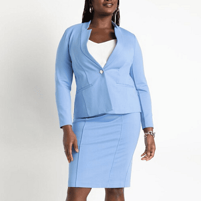 light blue skirt suit from Eloquii in cornflower blue