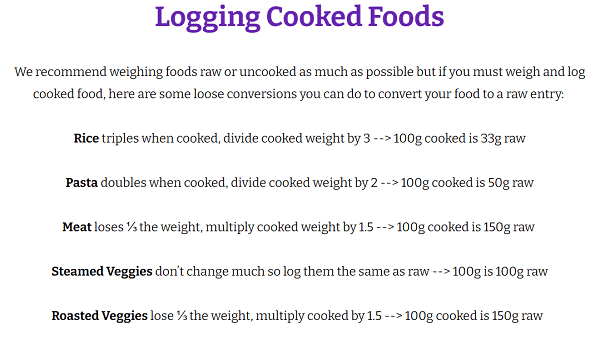 screenshot of how to log cooked foods - see alt-text below. 
