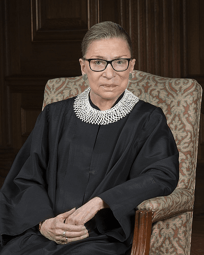 RBG official photo; her judicial attire includes a white collar or necklace