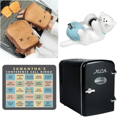 collage of 4 items from roundup of cool desk accessories: heated USB gloves that look like pieces of toast, a tape dispenser that looks like a cat playing with a ball of yarn, a Conference Call bingo mousepad, and a mini-mini fridge