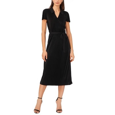 Black colour block plisse wrap outlet dress