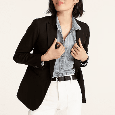 black blazer, chambray button-front, white jeans, black belt