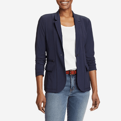 navy blazer, white top, blue jeans and red belt
