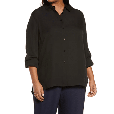 plus-size professional woman wearing black silk blouse for work