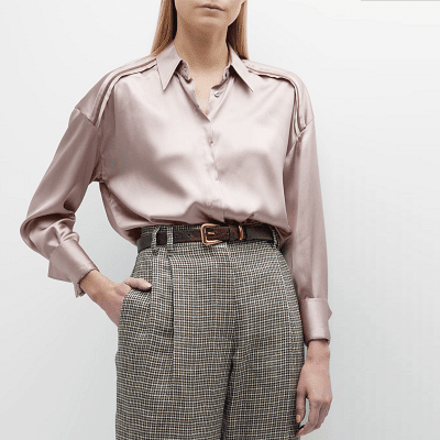 beigey pink silk blouse for work with fold trim details at shoulder