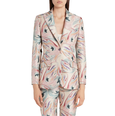 pale pink and beige abstract floral jacquard suit