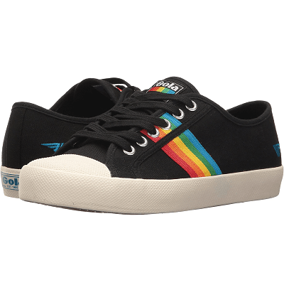 black sneaker with white toe and sole and rainbow detail