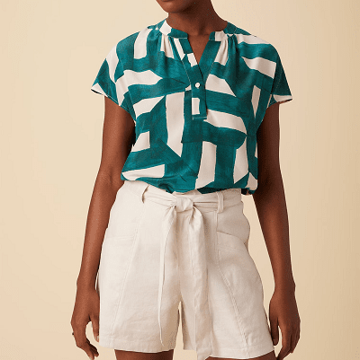green and white silk short-sleeved blouse 