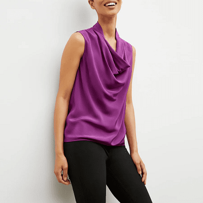 purple silk blouse with dramatic cowlneck