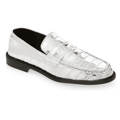 silver croc-embossed loafer with black sole