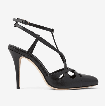 black strappy work pumps with T-strap-like detail