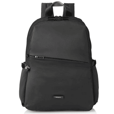 black water repellant backpack with diagonal zipper