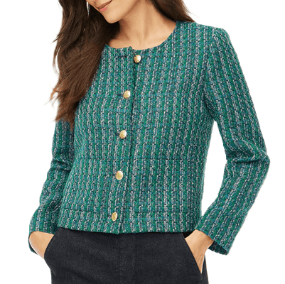 woman wears multicolored teal lady jacket with gold buttons