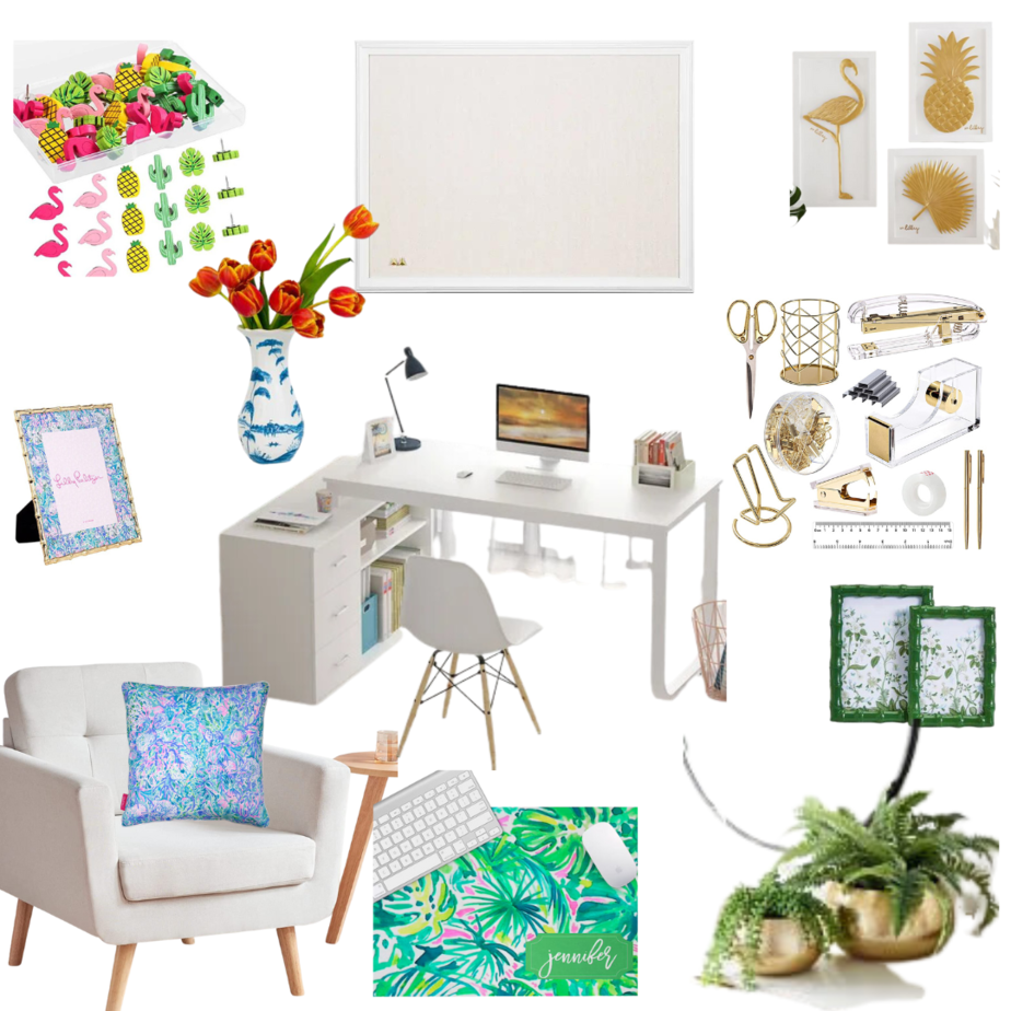 Inspiration board with office items inspired by many preppy styles