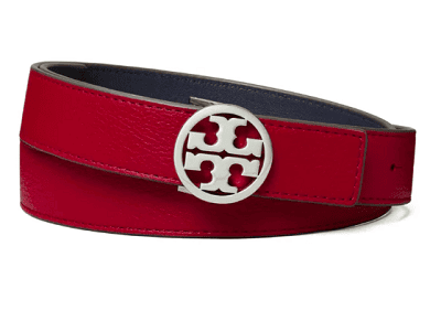 red leather belt with Tory Burch logo on it; it is navy on the reverse side