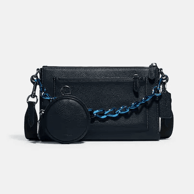 black shoulder bag with blue metallic chain