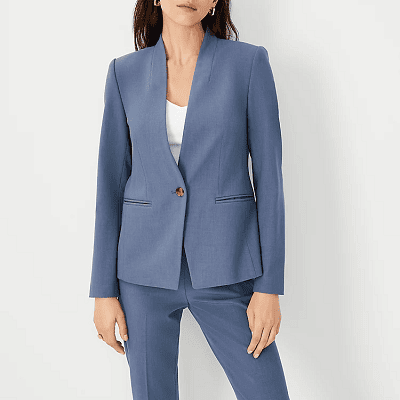 dusky blue pants suit with collarless blazer