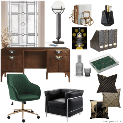 collage of items you can use to add art deco style to your office, including (clockwise from top) window film, a USB lamp, bookends, a pencil cup, file folders, a serving tray, a carafe, pillows, a black faux Corbusier chair, a velvet swivel desk chair with fluting, and a desk with sunburst patterns on the drawers