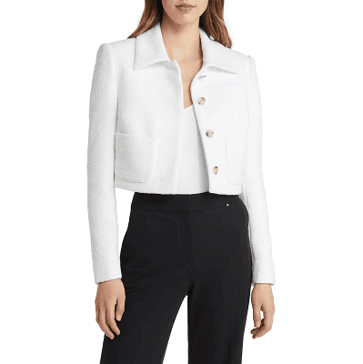 boxy cropped white blazer with gold buttons