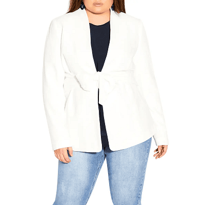 a white blazer with a tie-front detail in the front