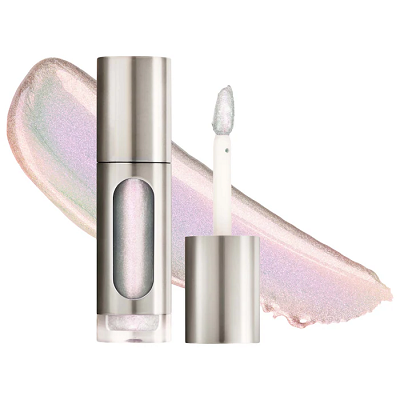 Pinkish opal highlighter in silvery tube, the product is superimposed on the swipe of the product